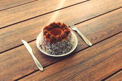 High angle view of dessert in plate on table
