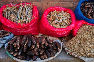 Market in kathmandu, nepal with various dried fish