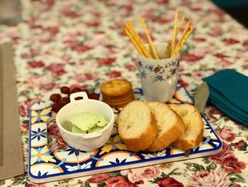 High angle view of breakfast served on table