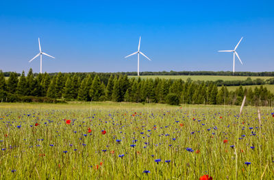 Wind turbines on field against blue sky