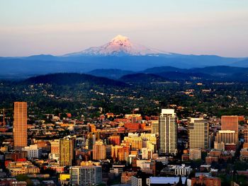Portland and mount hood during sunset