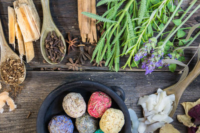 High angle view of vegetables on table