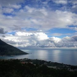 Scenic view of sea and mountains against sky