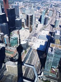 High angle view of modern buildings in city