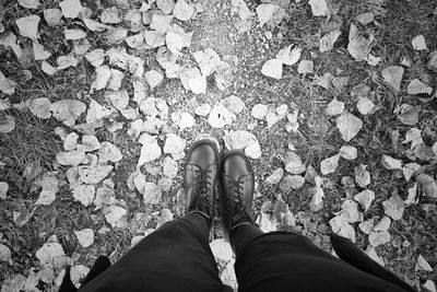 Low section of person standing on leaves during rainy season