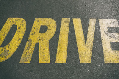 Close-up of yellow text on road