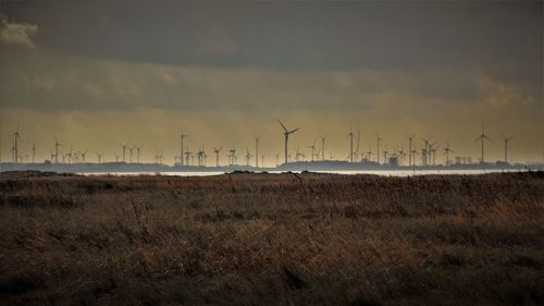 Wind turbines on land against sky