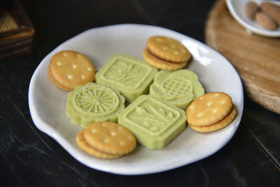 High angle view of food in plate on table