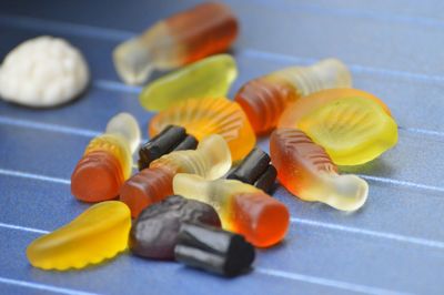 High angle view of candies on table