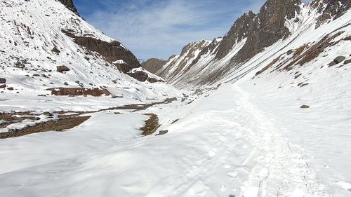 Scenic view of snowcapped mountains against sky