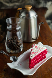 Close-up of cake served on table