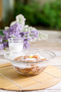 Close-up of ice cream in bowl on table