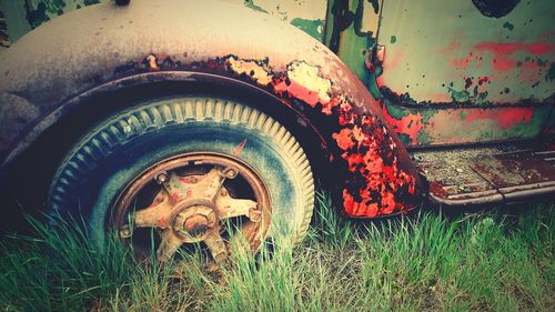 Close-up of tire on field