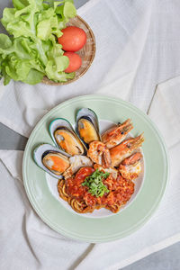 High angle view of meal served on table