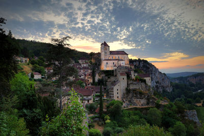 High angle view of townscape against sky during sunset