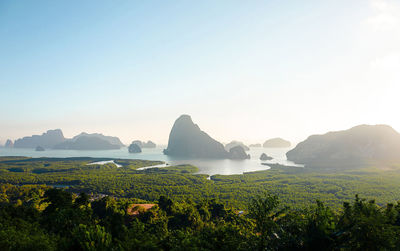 Wide angle of samed nang chee view point in phang nga, have big mountain on the ocean and forest