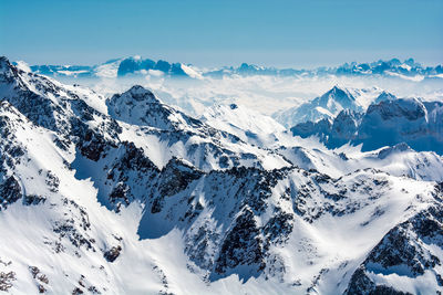 Scenic view of snow covered mountains against sky