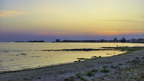 Scenic view of beach against sky during sunset