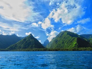 Scenic view of lake and mountains against sky