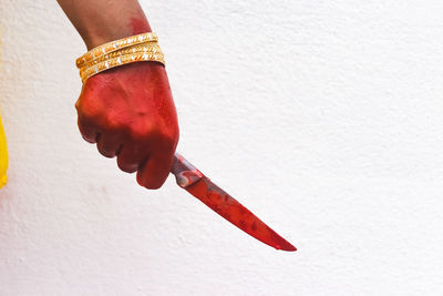 Close-up of woman hand on white background