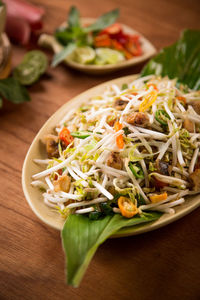 High angle view of salad in bowl on table