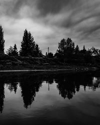 Reflection of trees in lake against sky