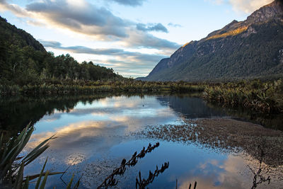 The beautiful mirror lake, near milford sound, new zealand