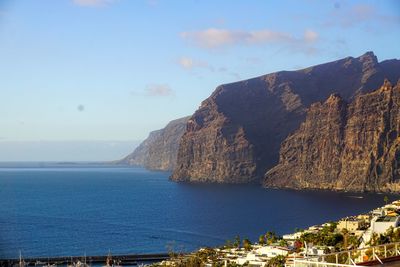 Scenic view of sea by mountains against sky
