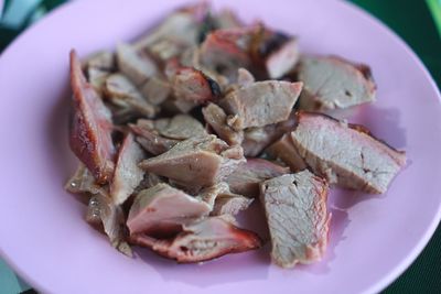 High angle view of meat in plate
