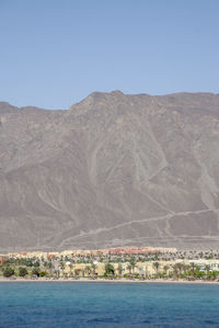 Scenic view of sea and mountains against clear blue sky