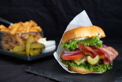 Close-up of burger on plate