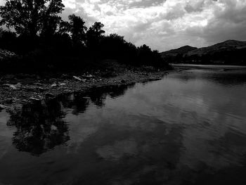 Scenic view of calm lake against cloudy sky