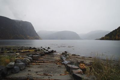 Scenic view of lake and mountains against sky