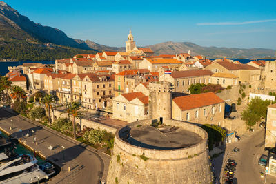 Aerial view of korcula town on korcula island, adriatic sea, croatia