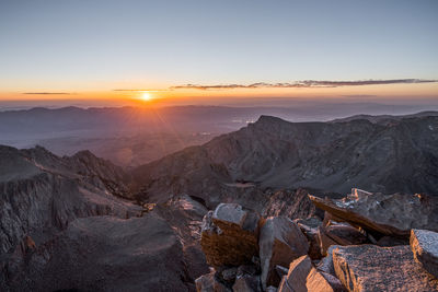 Scenic view of mountains against sky during sunset