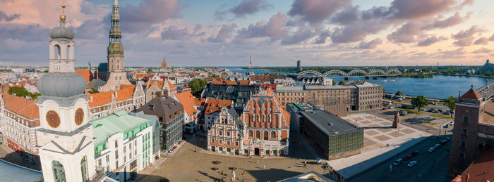 Establishing aerial bird eye view shot of riga, riga skyline, latvia.