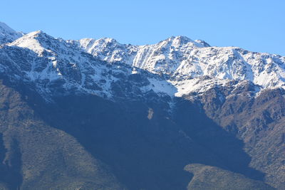 Scenic view of snowcapped mountains against clear blue sky