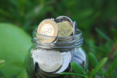 Close-up high angle view of coins