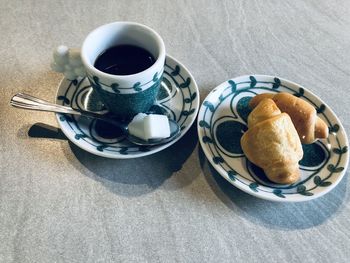 High angle view of breakfast served on table