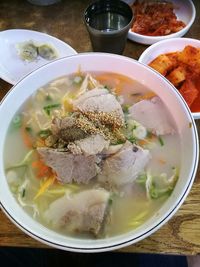 High angle view of soup in bowl on table