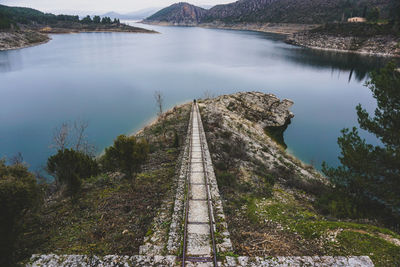 High angle view of footpath by lake