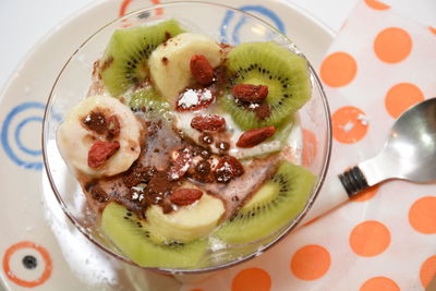 High angle view of dessert in bowl on table