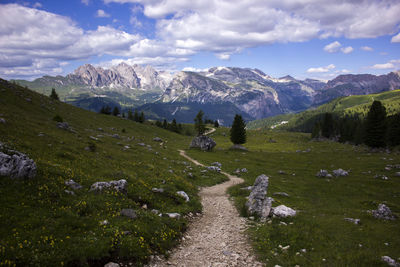 Scenic view of landscape and dolomites mountains against sky