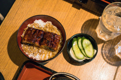 High angle view of meal served on table