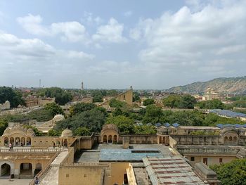 High angle view of jantar mantar jaipur near hawa mahal in pink city jaipur rajasthan india 