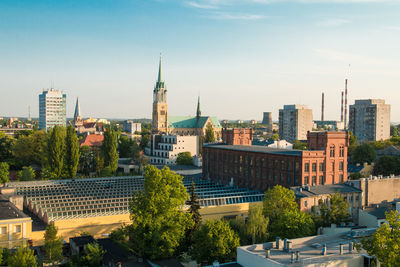 High angle view of buildings in city