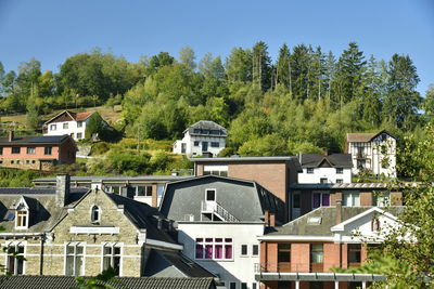 Houses and trees in town against sky