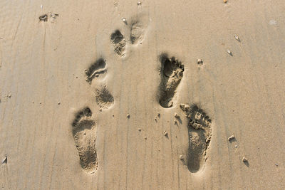 High angle view of footprints on sand