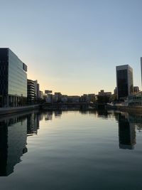 Reflection of buildings in lake against sky