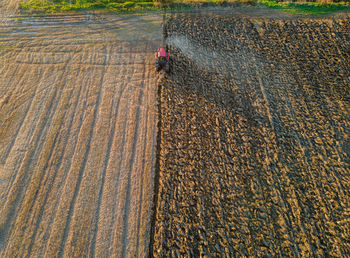 High angle view of man working on field